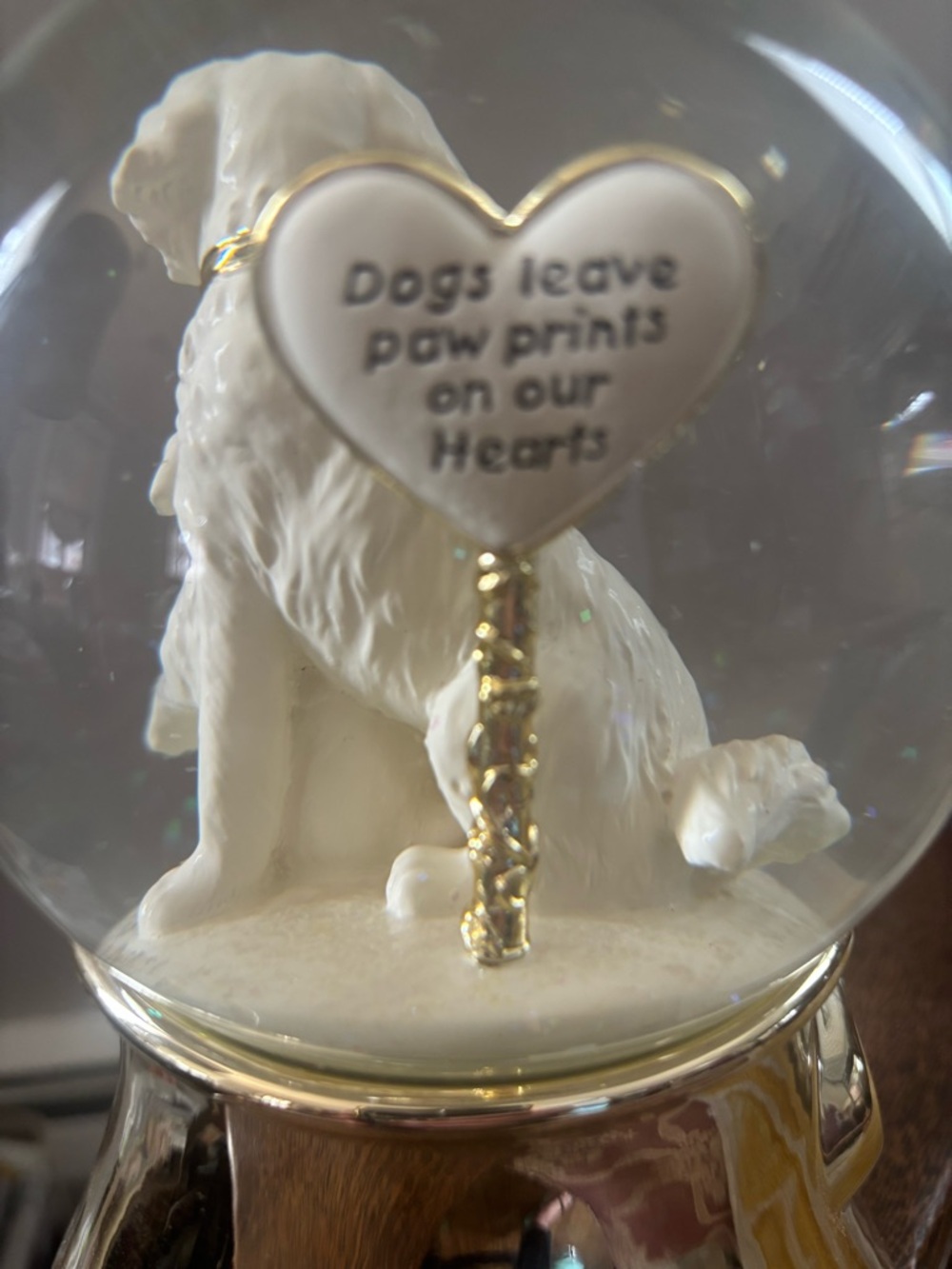 Dog Love Musical Snow Globe with gold base. Plays “ What a Wonderful World”.